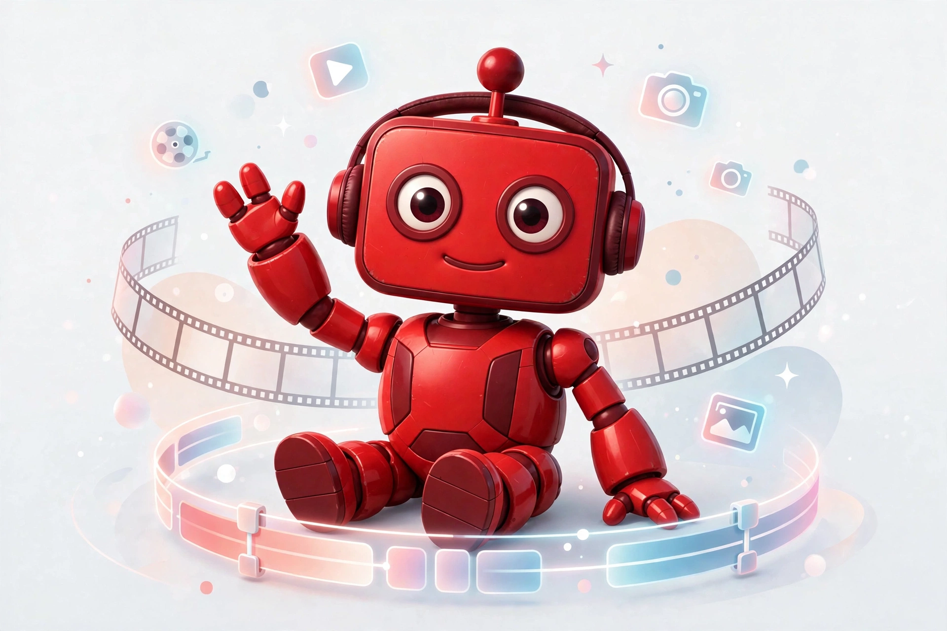 Rex the CrimsonBot in front of a bright video editing timeline with film strips, play buttons, and floating camera icons.