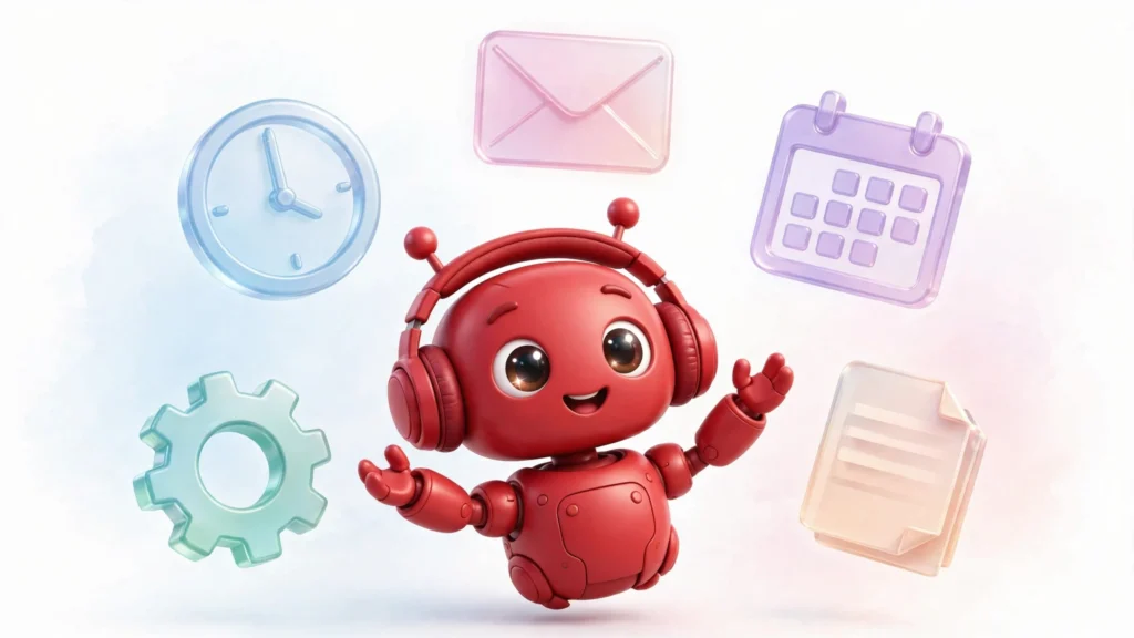 Rex the CrimsonBot juggling five glowing icons — meeting notes, a microphone, a research notebook, a chat bubble, and automation gears — on a bright modern tech background