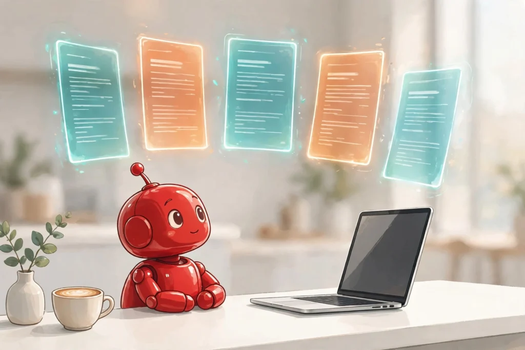 Red robot reviewing five glowing holographic writing pages above a laptop