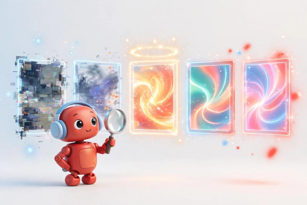Rex the robot judging five AI image generators, from glitchy to radiant — our free-first ranking