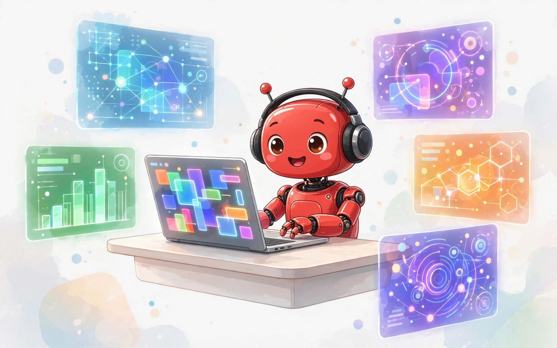 The 5 AI coding tools actually worth it in 2026 — Rex the CrimsonBot at a desk surrounded by glowing code windows