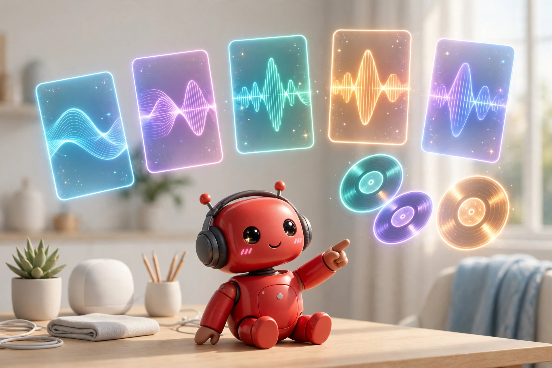 Red robot judging five glowing music cards progressing from glitchy to radiant