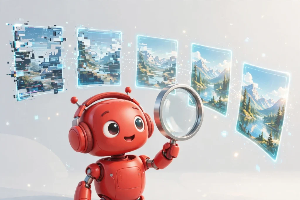 Red robot with magnifier inspecting five holographic photo prints glitchy-to-radiant — AI photo editors 2026 comparison