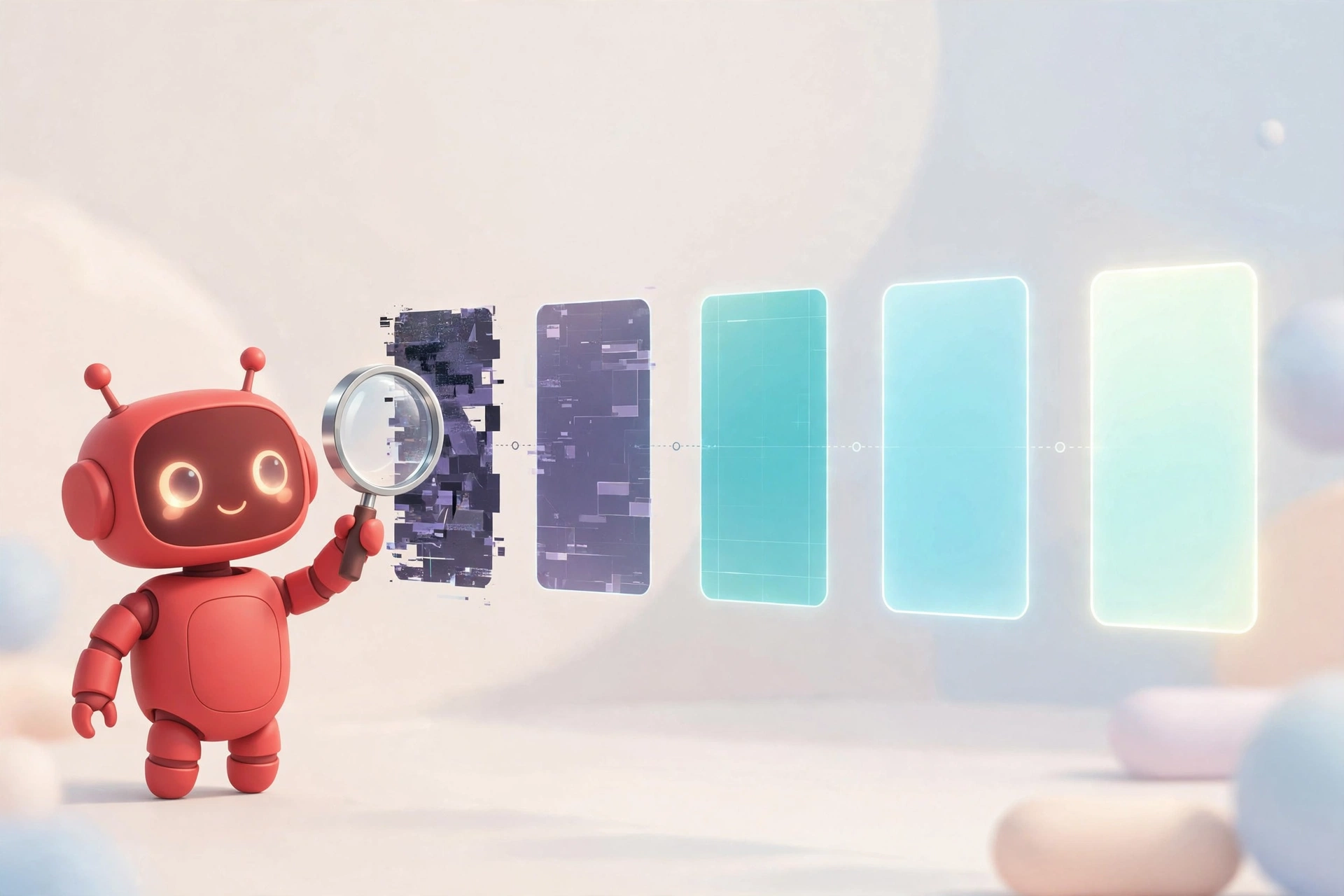 Red robot judging five AI automation tools from glitchy to radiant
