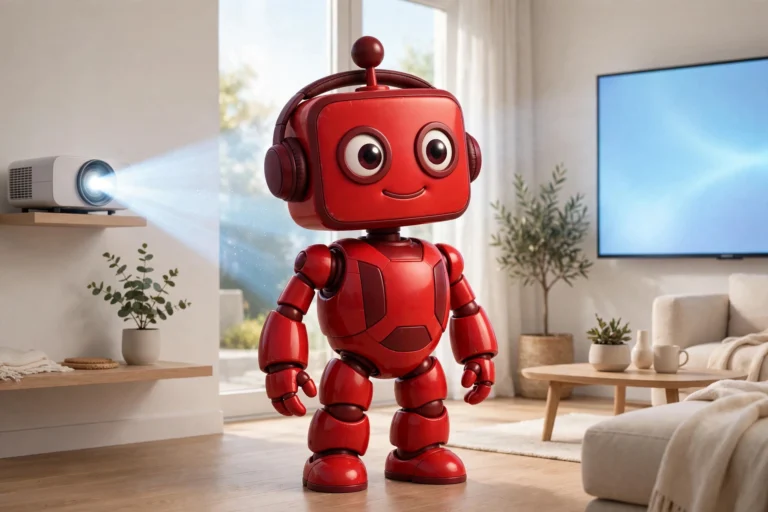 Rex the CrimsonBot standing between a glowing projector beam and a giant flat-screen TV in a bright modern living room.