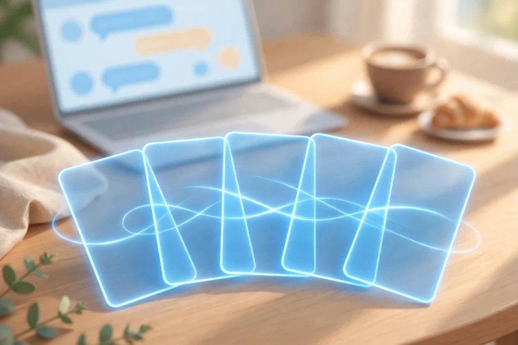 Five glowing blue prompt-pattern cards fanned out on a coffee-shop table beside a laptop and coffee