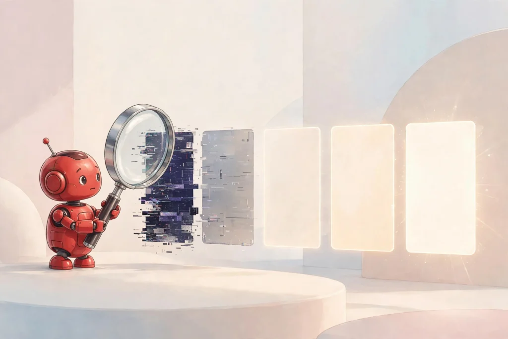 red robot magnifier judging five AI search results from glitchy to radiant