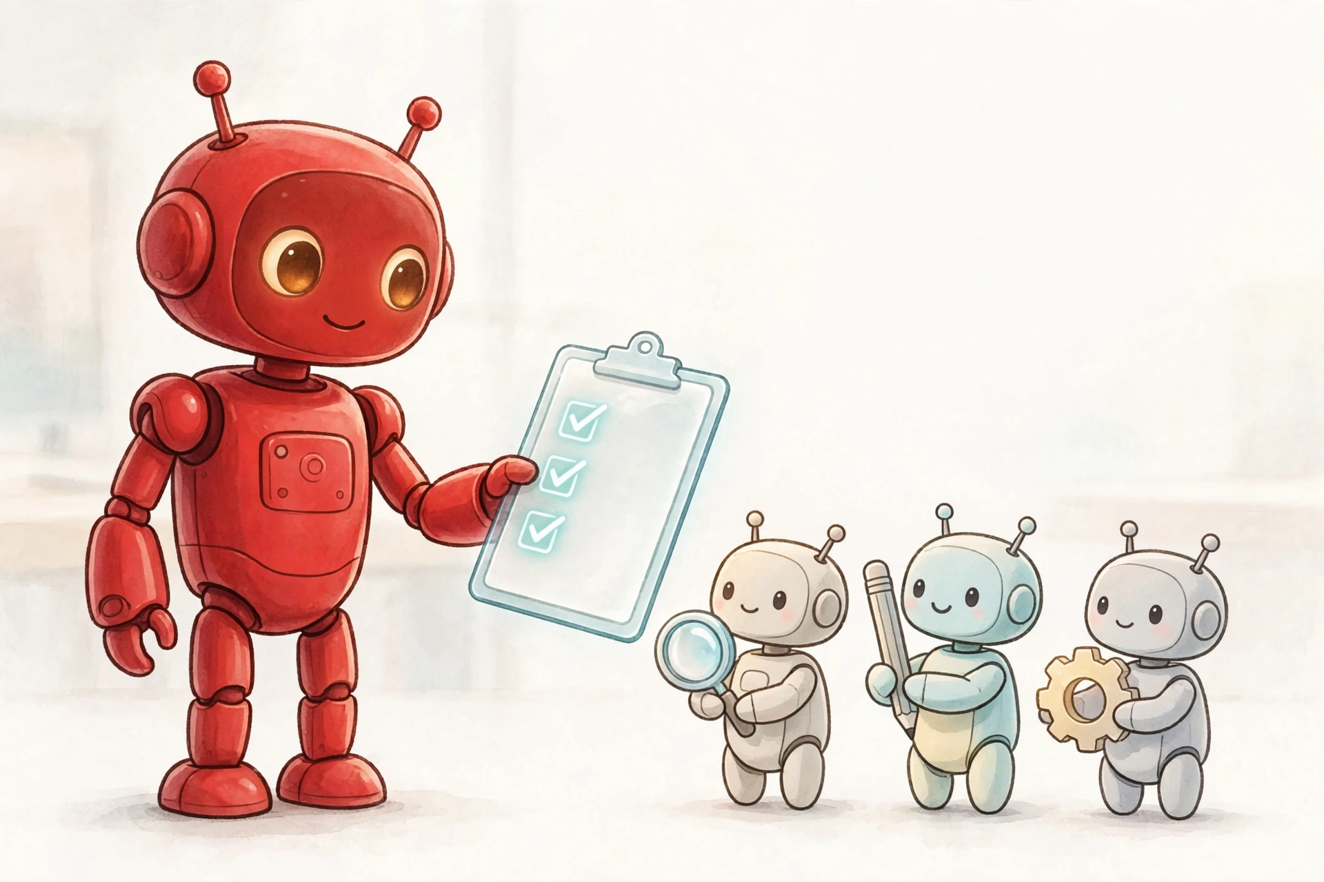 red robot handing a task checklist to three small helper robots