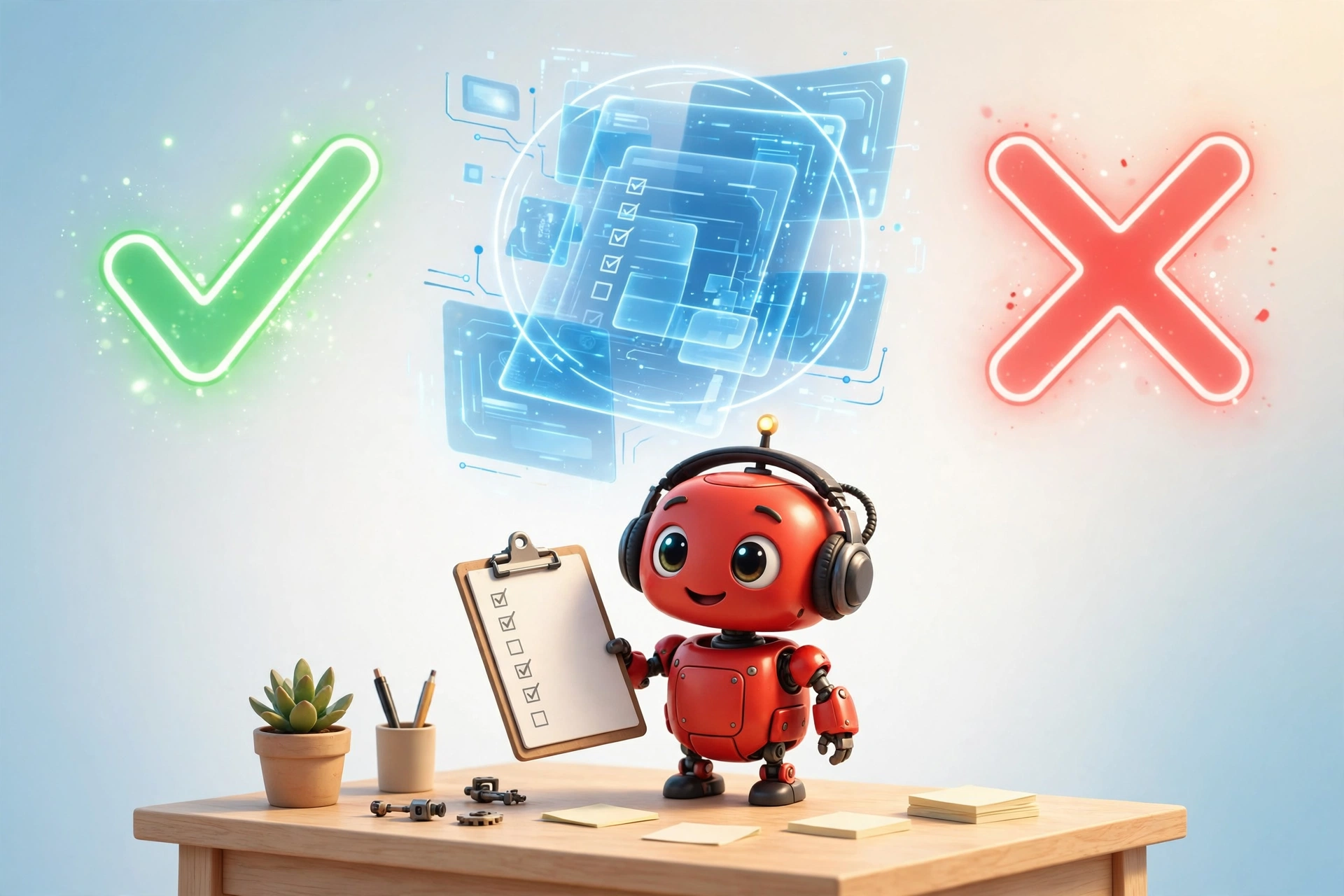 Red robot fact-checking AI answers with a clipboard checklist