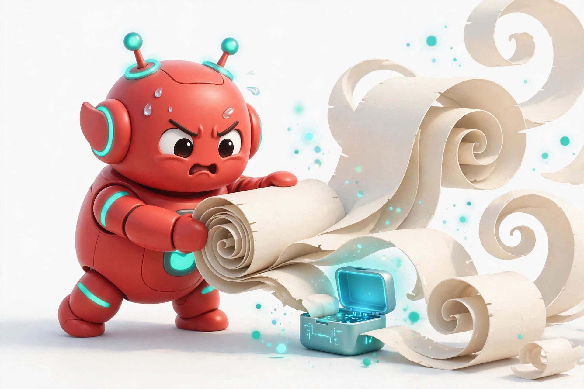 Red robot trying to fit an oversized scroll into a tiny glowing memory box — AI context window explained