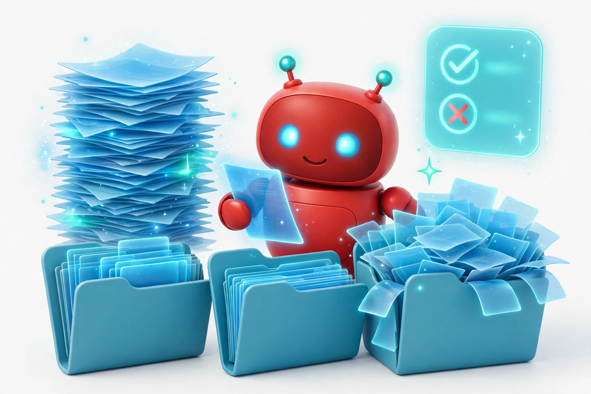 Red robot organizing document holograms into folders — managing AI context window limits