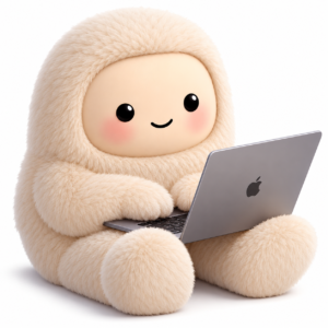 Jolly, the Muse mascot, doing chores on a laptop