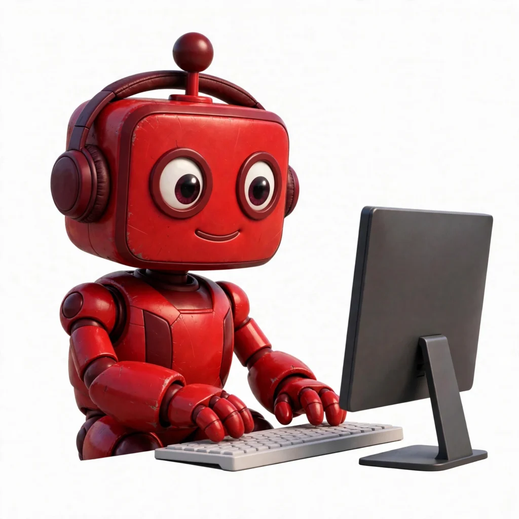 Rex the CrimsonBot working on a computer